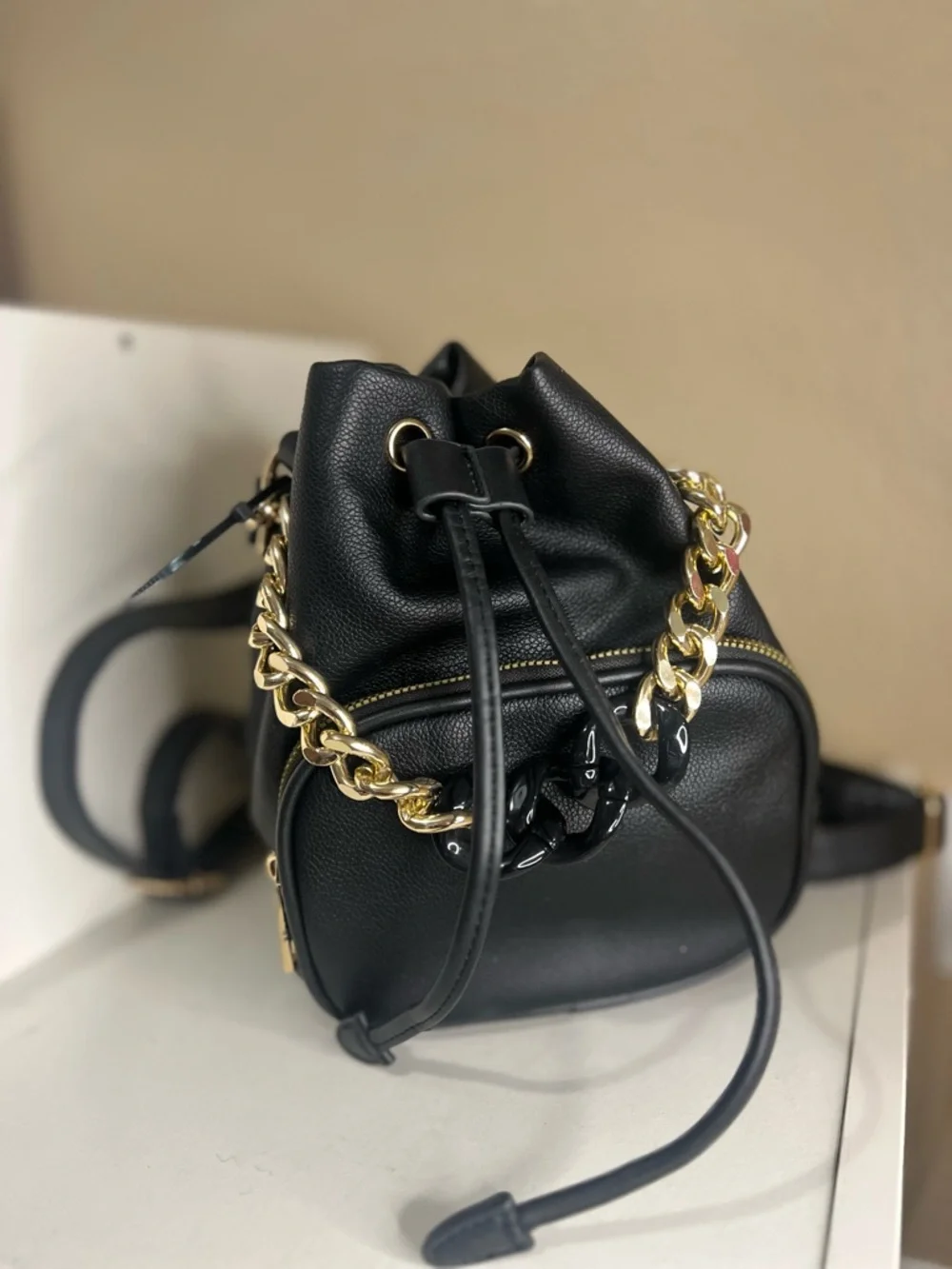 Grossi Black Faux Leather Mini Backpack Drawstring Bucket Bag Gold Chain